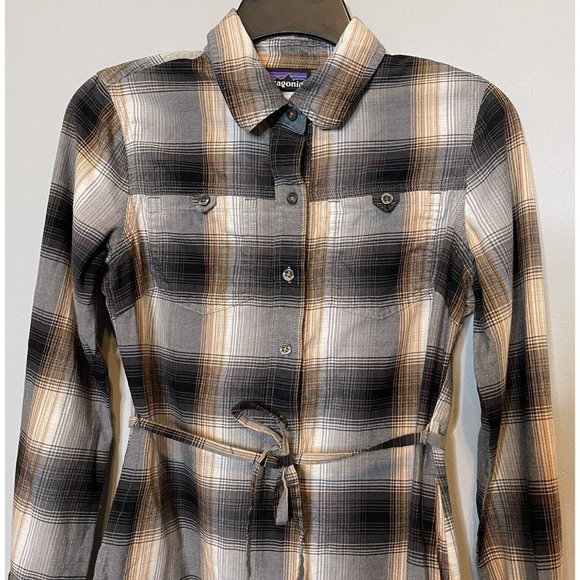 patagonia dress 0 xs Gray brown plaid long sleeve collared tie waist Grey Womens - Picture 3 of 5